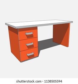 three dimensional illustration - orange, white desk with three drawers with shadow in front of a white background