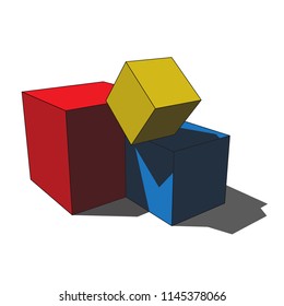 three dimensional illustration - simple red, blue and yellow isolated scattered box cubes with shadow in front of a white background