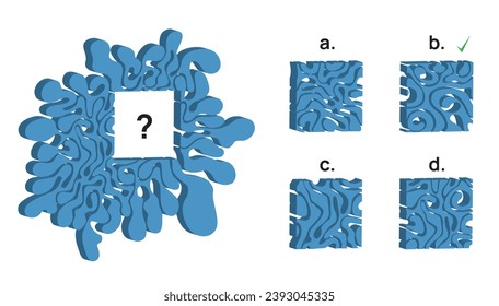 Three dimensional IQ test question with one main ornament shape graphic from which a part is missing and four given options. The b. option is the correct answer.
