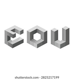 Three dimensional isometric letters forming a word with geometric shapes