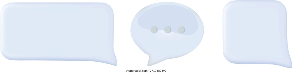 Three dimensional light blue chat bubbles including one showing typing ellipsis symbols signify instant messaging digital communication platforms and empty message spaces for copy.
