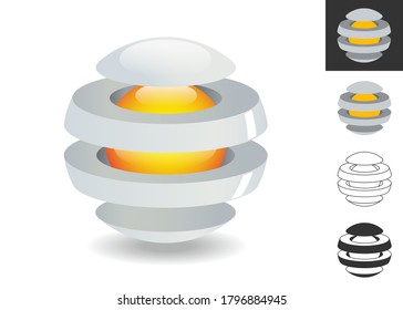 Three dimensional logo, divided sphere with a core. Modern technology design. Vector illustration.