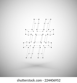Three dimensional mesh stylish hashtag sign on white background, single color clear vector.