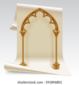 Three dimensional paper sheet and brown gothic arch model. Design symbol and concept. Vector Illustration