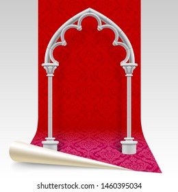 Three dimensional paper sheet with red classic decorative ornament and white gothic arch model. Design symbol and concept. Vector Illustration