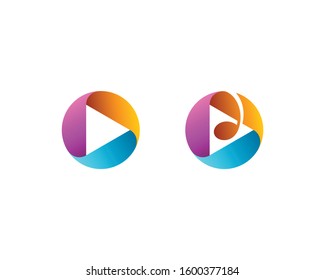 Three dimensional play key icons with music note. Colorful musical logo design.