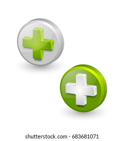 Three dimensional plus or medical cross symbols on white background