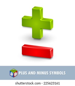 Three dimensional plus and minus symbols on white background