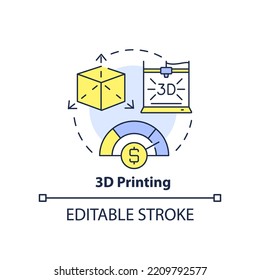 Three dimensional printing concept icon. Innovation. Future business trend abstract idea thin line illustration. Isolated outline drawing. Editable stroke. Arial, Myriad Pro-Bold fonts used