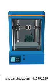 Three dimensional printing machine on a white background