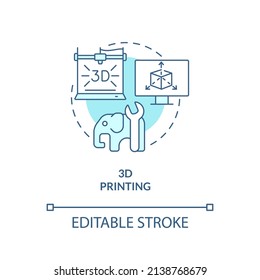Three dimensional printing turquoise concept icon. Additive manufacturing. Subsector abstract idea thin line illustration. Isolated outline drawing. Editable stroke. Arial, Myriad Pro-Bold fonts used