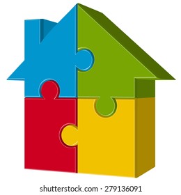three dimensional puzzle house with four colored parts