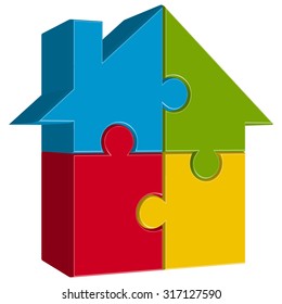 Three Dimensional Puzzle House With Four Colored Parts