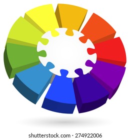 three dimensional puzzle info graphic with center part and ten colored options