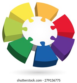 three dimensional puzzle info graphic with center part and seven colored options