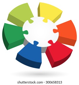 three dimensional puzzle info graphic with center part and six colored options