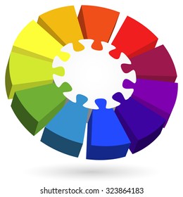 three dimensional puzzle info graphic with center part and eleven colored options
