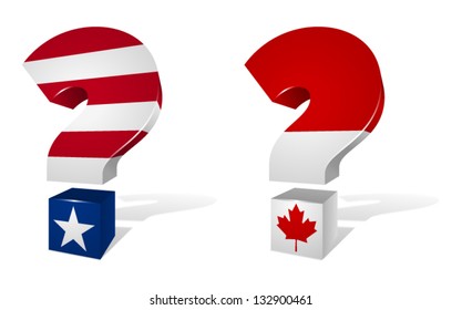 Three dimensional question marks stylized with the American and Canadian flags.