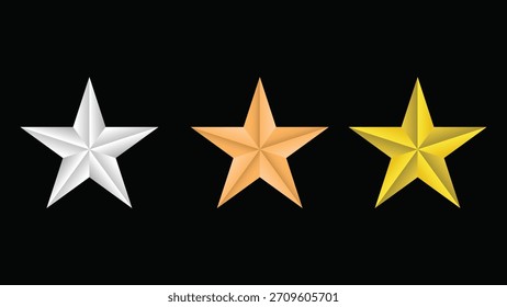 Estrellas de clasificación tridimensionales en colores plateado, bronce y dorado que se muestran horizontalmente sobre un fondo negro