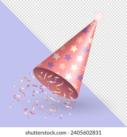 Three dimensional realistic birthday hat or festive party cap, cone with golden confetti ribbons, serpentine explosion. 3d soft pink glossy party hat with stars for celebration, anniversary, carnival