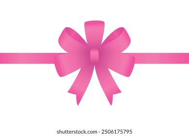 Three dimensional realistic cute bow knot with satin horizontal ribbon and paper label tag on transparent background. Template of 3d silk pink gift bow for present wrapping or greeting postcards