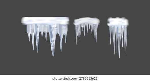 Three dimensional realistic icicles collection featuring frozen hanging ice formations glossy winter crystals and transparent cold decorative elements