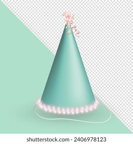 Three dimensional realistic pastel green birthday hat or party paper cap in cone shape with ribbons, serpentine and fluffy fur. Green pink party hat clipart for celebration event, anniversary