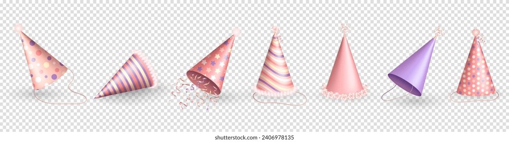 Three dimensional realistic pastel pink and purple birthday hats or party paper caps in cone shape with  different patterns, colorful ribbons and bows. 3d party hats for celebration event, anniversary