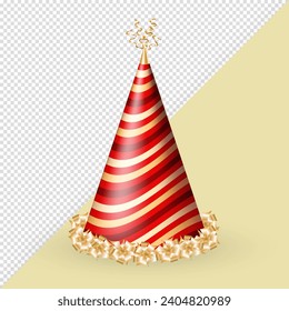 Three dimensional realistic red birthday hat or party paper cap in cone shape with ribbons and bows on transparent background. Party hat with golden striped pattern for celebration event, anniversary