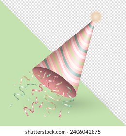 Three dimensional realistic striped birthday hat or festive party paper cap in cone shape with confetti ribbons, serpentine explosion. Cute 3d party hat clipart for celebration, anniversary, carnival