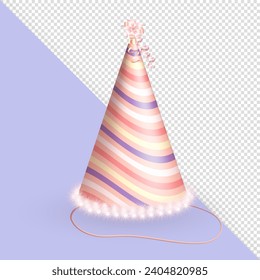 Three dimensional realistic striped soft pink-purple birthday hat or party paper cap in cone shape with bow, ribbons, serpentine and beige fluffy fur. Party hat for celebration, anniversary