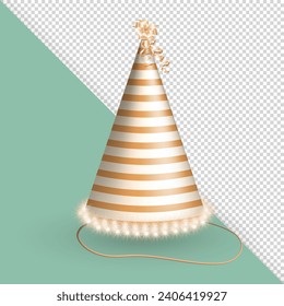Three dimensional realistic striped soft orange-pink birthday hat or party paper cap in cone shape with golden bow, ribbons, serpentine and fluffy fur. 3d yellow party hat for celebration, anniversary