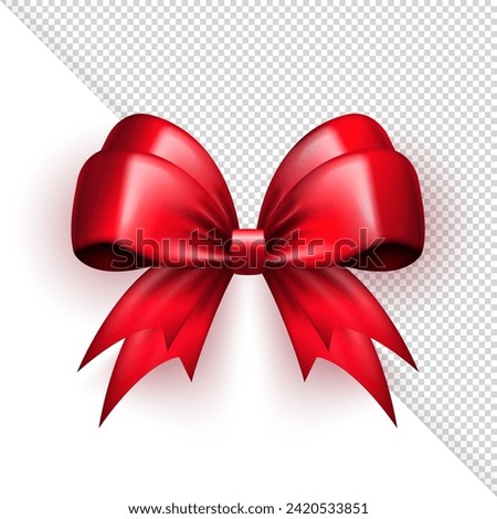 Three dimensional red realistic glossy festive bow on transparent background. 3d decorative silk bright scarlet gift ribbon for present packaging or greeting card. Template of vector tie box