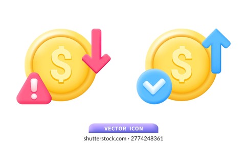 Three dimensional rendered vector illustration showing financial concepts with glossy gold currency coins, decrease alert warning and increase success symbols for business presentations