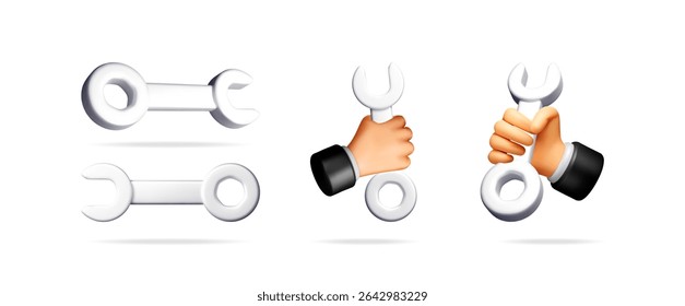 Three dimensional rendering of wrench icons with two hands holding a spanner. Repair, service, and maintenance concept.