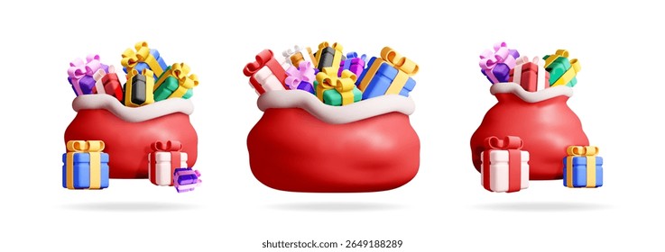 Three dimensional santa bag full of colorful gifts, with additional presents beside it. Christmas holiday concept.