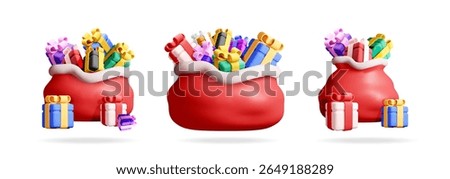Three dimensional santa bag full of colorful gifts, with additional presents beside it. Christmas holiday concept.