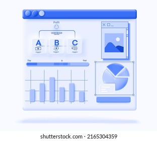 Three Dimensional SEO-optimization of web analytics. Stock trading charts, growth strategies, business analytics. Vector illustration