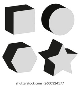 Three dimensional shapes. Geometric 3D objects. Abstract cube and star. Modern vector design.