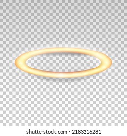 Three dimensional shiny golden nimbus isolated on transparent background. Glossy realistic halo, angel ring, Saint aureole symbol. Vector illustration EPS 10