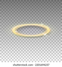 Three dimensional shiny golden nimbus isolated on transparent background. Glossy realistic halo, angel ring, Saint aureole symbol. Vector illustration EPS 10