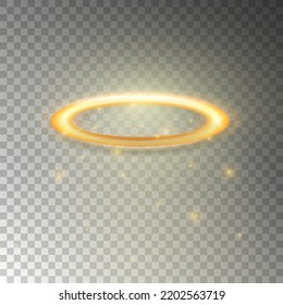 Three dimensional shiny golden nimbus isolated on transparent background. Glossy realistic halo, angel ring, Saint aureole symbol. Vector illustration EPS 10