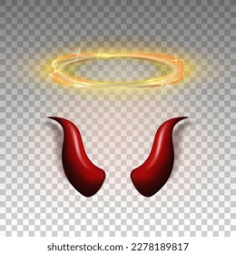 Three dimensional shiny golden nimbus and red devil horns. Glossy daemon horns and halo, angel ring isolated in transparent background. Carnival, masquerade elements. Vector illustration EPS 10