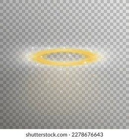 Nimbus dorado brillante tridimensional aislado en un fondo transparente. Halo brillante realista, anillo de ángel, símbolo de san aureol. Ilustración del vector EPS 10
