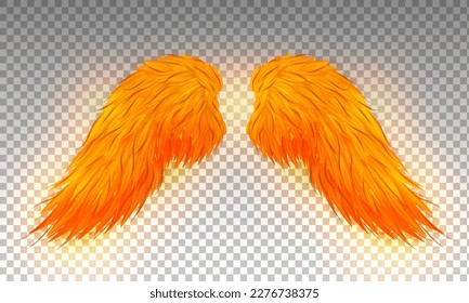 Three dimensional shiny golden phoenix wings. Masquerade, festival, carnival costume. Realistic bright fiery wings isolated on transparent background. Vector illustrator EPS 10