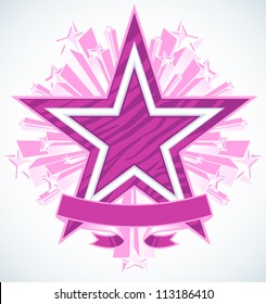 Three Dimensional Shooting Stars Vector With Blank Banner. Star in the center has a highly polished chrome double outline with zebra stripe pattern fill.