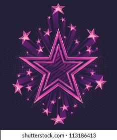 Three Dimensional Shooting Stars Vector Background Illustration. Star in the center has a highly polished chrome double outline with zebra stripe pattern fill.