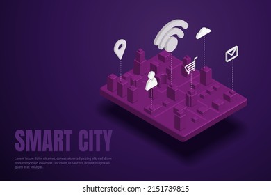 Three Dimensional Smart City Building Automation Network Application Icon And Communication Connected Together. 3d  Isometric Vector Illustration.