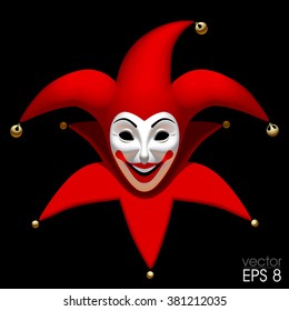 Three Dimensional smiling Joker head in red cap an white mask isolated on black. Vector illustration