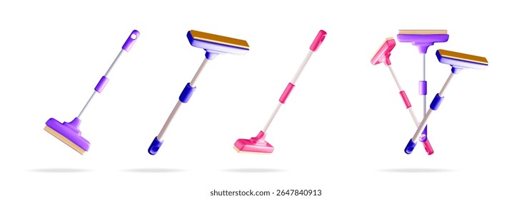 Three dimensional squeegee set for cleaning window or glass surfaces. Housework and home clean up concept illustration.